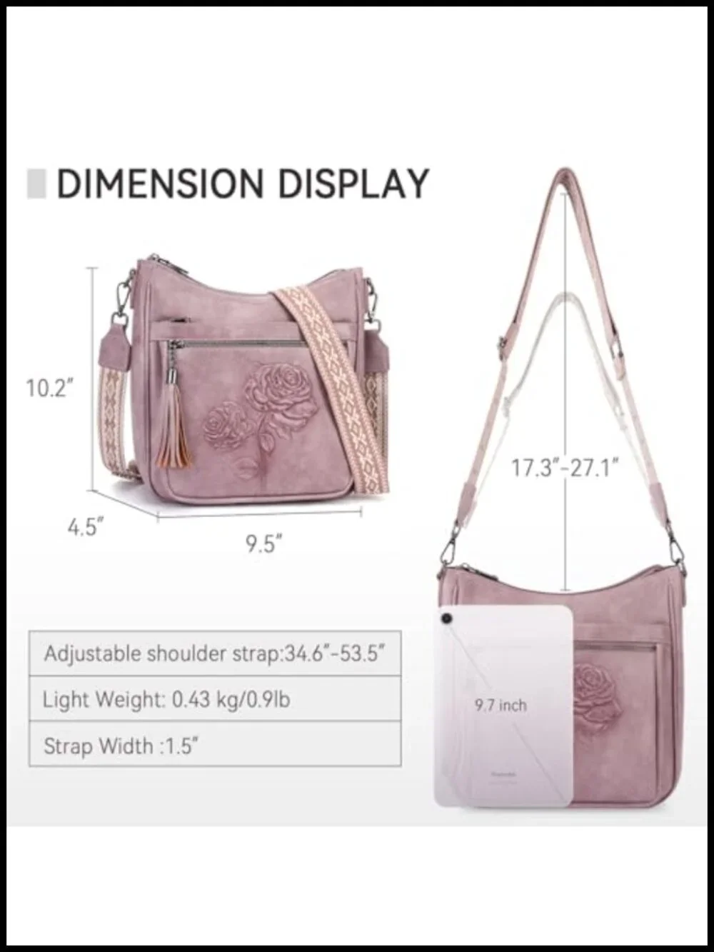 Vegan Leather Hobo Crossbody Bag Embossed Floral Shoulder Purse